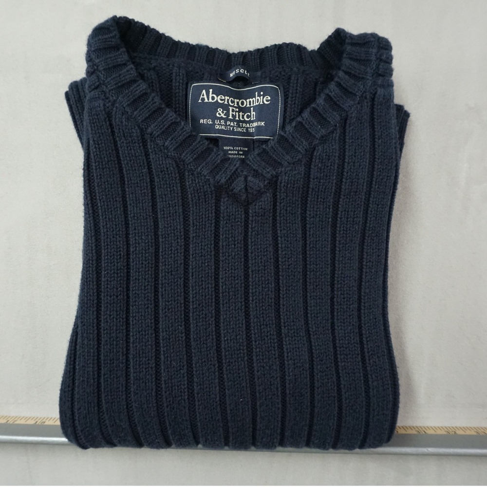 Vintage Abercrombie & Fitch Sweater Mens M Muscle Heavyweight Navy Ribbed V-Neck
